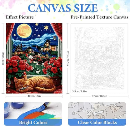 ZRIZQ Paint by Numbers Kit for Adults Beginner,Moon Cat,16x20 | Full set with wooden brushes,rolled canvas,rich paints.Calming activity.Beginner friendly.Just open and paint. - color: 16"X20"Rolled Canvas(Frameless)-Moon Cat