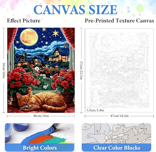 ZRIZQ Paint by Numbers Kit for Adults Beginner,Moon Cat,16x20 | Full set with wooden brushes,rolled canvas,rich paints.Calming activity.Beginner friendly.Just open and paint. - color: 16"X20"Rolled Canvas(Frameless)-Moon Cat