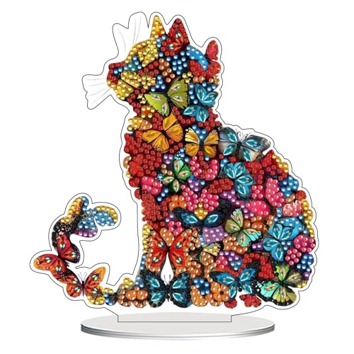 ACSAUMMY Diamond Art Kits for Adults, 5D DIY Gem Art Painting Desktop Ornament Tabletop Gem Painting Kit, Acrylic Colored Butterfly Cat Stand Up Arts and Crafts, Birthday Gifts Room Decor - color: ButterflyCat