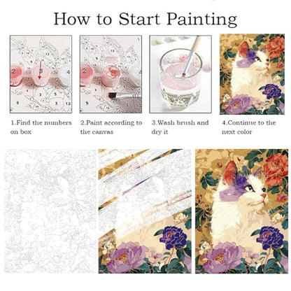 ZRIZQ Cat Paint by Numbers Kit for Adults Beginner,Flowers,16x20 | Full set with wooden brushes,rolled canvas,rich paints.Calming activity.Beginner friendly.Just open and paint. - color: 16"X20"Rolled Canvas(Frameless)-Cat 9
