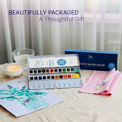 Watercolor Paint Set 24 Colors in Half-Pans|Tin Box&Waterbrush|Pro-Grade Pigments - size: 24 Count (Pack of 1)