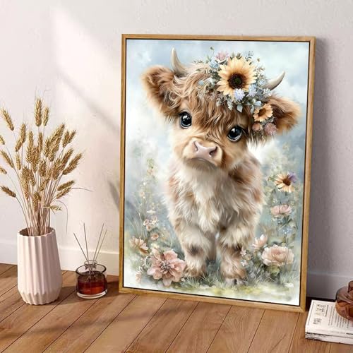 Highland Cow Diamond Art Kits for Adults,Retro Flowers Diamond Painting | Diamond Art Kit for Beginners, 5D DIY Full Drill Diamond Painting Gem Art, Home Wall Art Gifts(12x16 inch) - color: DP03966