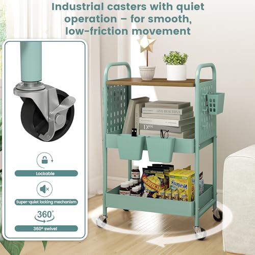 3 Tier Rolling Cart, Metal Storage Cart with Wooden Tabletop, Storage Cart with DIY Pegboards & Locked Wheels, Hooks & Hanging Cups for Any Room - color: Green