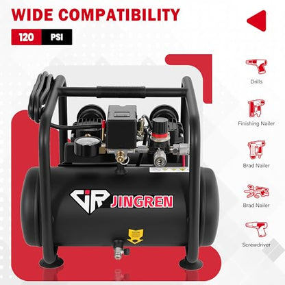 2 Gallon Quiet Oil Free Air Compressor With Air hose, Only 68dB, 1.2HP