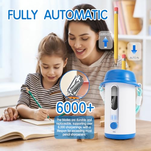 deli Electric Pencil Sharpener, Fully Automatic Pencil Sharpener,Blue | for 6.9-10.8mm Colored/Jumbo Pencils, Auto in & Out,Rechargeable Hands-Free Sharpener for Home/Office, Low Noise - color: Blue