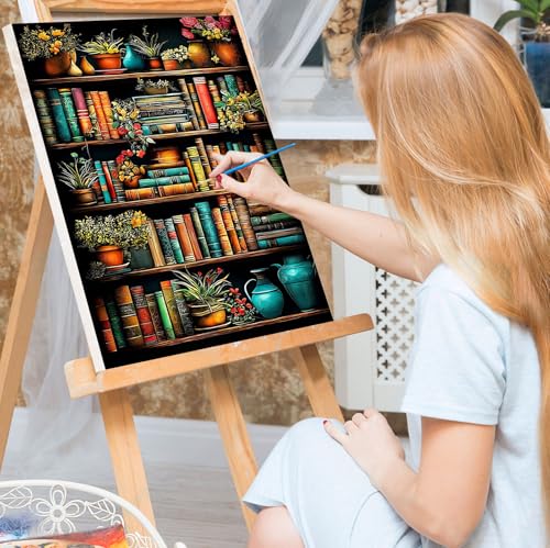 Bowetile Framed Paint by Numbers Bookshelf for Adults Beginners, Adults' Paint-by-Number Kits, Easy Adult Paint by Number Kits on Canvas, Acrylic Bookshelf Number Painting for Home Decor, 8x12in - color: Bookshelf