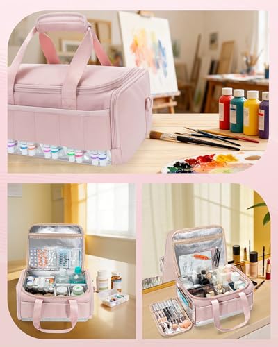 Marscamd Acrylic Paint Organizer Holds 60 Bottles (2 oz), Acrylic Paint Bag | with Tools Storage Sections & Crossbody Strap, Water-repellent fabric, Aluminum-lining, Pink - color: Pink
