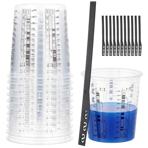 12 Pack 19oz 570ml Clear Plastic Paint Mixing Cups with 12 Stir Sticks - Disposable Graduated Measuring Cups for Paint, Resin & Epoxy with ML Scale & 3-Column Ratios (1:1-7:1) for DIY Crafts - size: 19oz / 570ml
