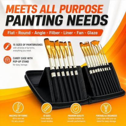 DUGATO Paint Brush Set 15pc with Pop-Up Case, Palette Knife & Sponges - color: Yellow