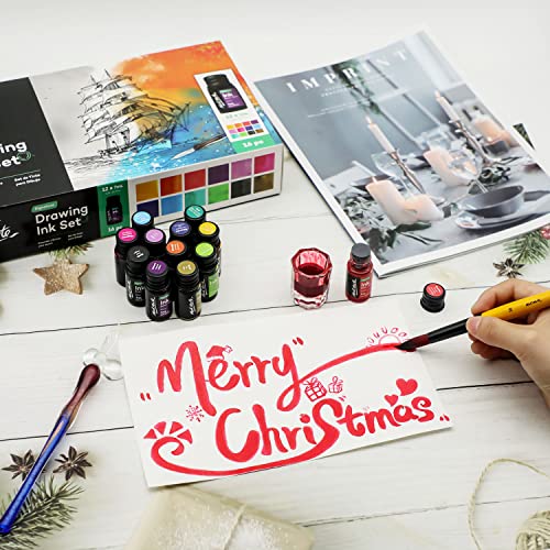 Mont Marte Drawing Ink Kit Signature 16pc, Great Art Set, Includes 12 x 7ml (0.24 US fl.oz) Ink Colours, Glass Dip Pen, Paint Brush, Pen Rest, Ink Well, for Illustration, Calligraphy, Scrapbooking
