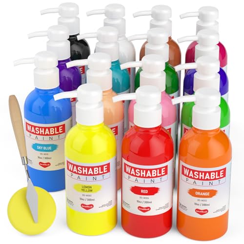 Smallbudi 15 Colors Large Washable Paint Set for Kid, 10oz/300 ml Bottle with Pump, Bulk Acrylic Paint Supplies Non Toxic Children Tempera Paint for Art, Craft, DIY, Finger Paint, School, Home, Classroom - color: 15 Colors, size: 10 Fl Oz (Pack of 15)