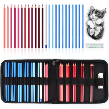 Professional Drawing Set,12 Colored Pencils,12 Graphite Pencils,Eraser,Case - color: Set-Red