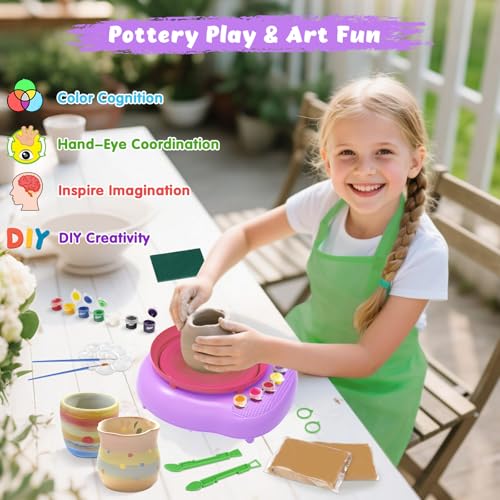 Pottery Wheel for Kids with Air Dry Clay Kit, 12 Paints & Tools, Ages 6-12 | No kiln needed: shape on the electric wheel, air-dry & paint. Gentle beginner speed; kit adds 3 clay packs, tools & apron - color: pink/purple