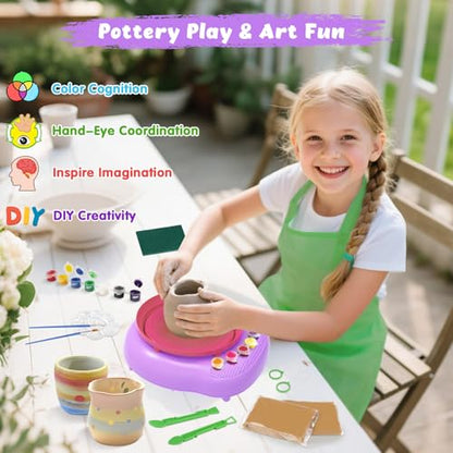 Pottery Wheel for Kids with Air Dry Clay Kit, 12 Paints & Tools, Ages 6-12 | No kiln needed: shape on the electric wheel, air-dry & paint. Gentle beginner speed; kit adds 3 clay packs, tools & apron - color: pink/purple