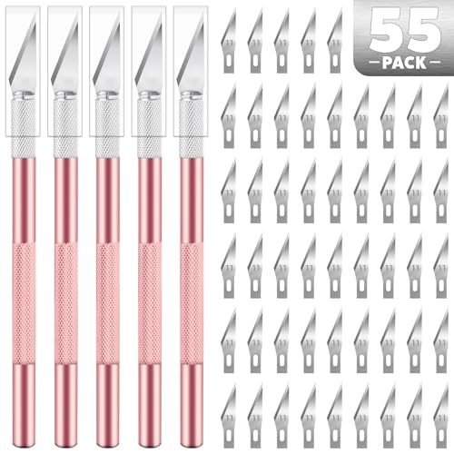 55PCS Exacto Knife Set, Craft Knife, Hobby Knives with 50PCS Blades | 55PCS precision knife kit, SK5 exacto knife blades for art, woodworking, stencil, scoring, scrapbooking, modeling and crafts - style: Pink – 5 Knives / 50 Blades
