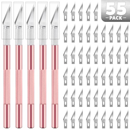 55PCS Exacto Knife Set, Craft Knife, Hobby Knives with 50PCS Blades | 55PCS precision knife kit, SK5 exacto knife blades for art, woodworking, stencil, scoring, scrapbooking, modeling and crafts - style: Pink – 5 Knives / 50 Blades