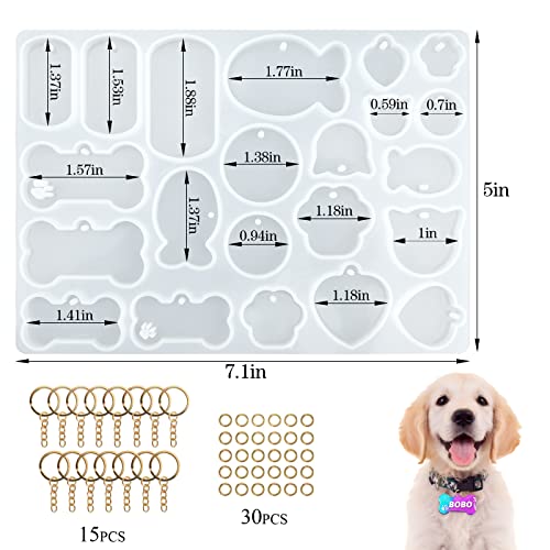 Actvty Pet Tag Resin Mold Silicone, Dog Tag Molds for Resin, Dog Bone Cat Shaped Keychain Silicone Resin Molds with 15Pcs Keychains DIY Crafts Making Tag Charm Pendant - color: Pet Tag Mold