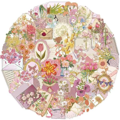 50Pcs Vintage Stickers,Waterproof Transparent PET Aesthetic Decorative Sticker Scrapbooking Supplies for Adult Card Making Letters Planner Journaling Junk Journal DIY Water Bottles Art Craft.Flowers - color: Flowers