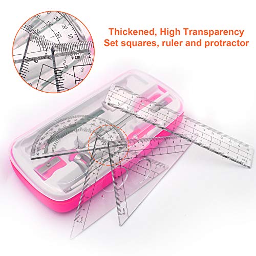 Akuoly Maths Compasses Full Starter Geometry Kit with 2 Drafting Compasses Protractor 2 Set Squares Ruler Pencil and More for Students Maths Study Homework etc. Pink