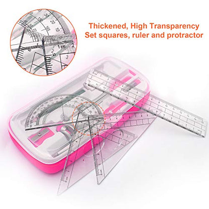 Akuoly Maths Compasses Full Starter Geometry Kit with 2 Drafting Compasses Protractor 2 Set Squares Ruler Pencil and More for Students Maths Study Homework etc. Pink