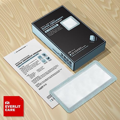 EVERLIT Super Absorbent Dressing for Wound Care | Nonstick Soft Surgical Gauze Pad for Heavily Exuding Wounds | Large Sterile Non-Adhesive Bandage for Fast Healing Wound Care | Pack of 10 (4" x 8") - size: 4" x 8"