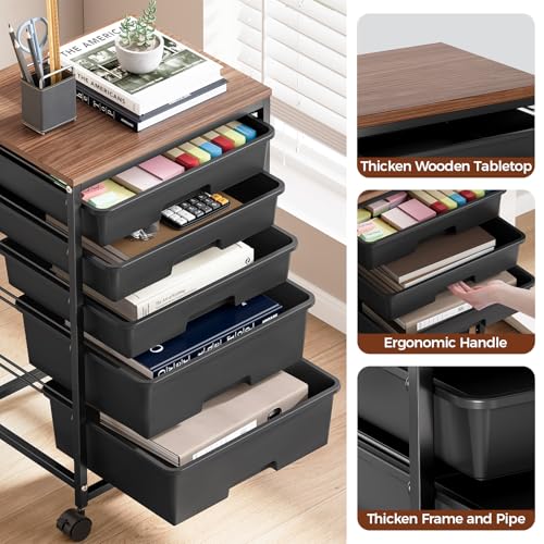 SYKIARIOL 5-Tier Rolling Cart with Drawers with Wooden Top, Black | Mobile Craft Storage Drawer Cart Trolley for Home Office, Classroom, Craft Room & Kid Room - color: Black