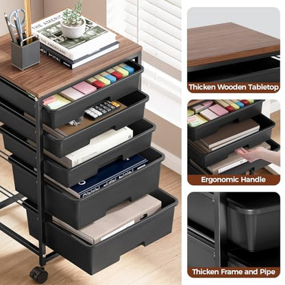 SYKIARIOL 5-Tier Rolling Cart with Drawers with Wooden Top, Black | Mobile Craft Storage Drawer Cart Trolley for Home Office, Classroom, Craft Room & Kid Room - color: Black