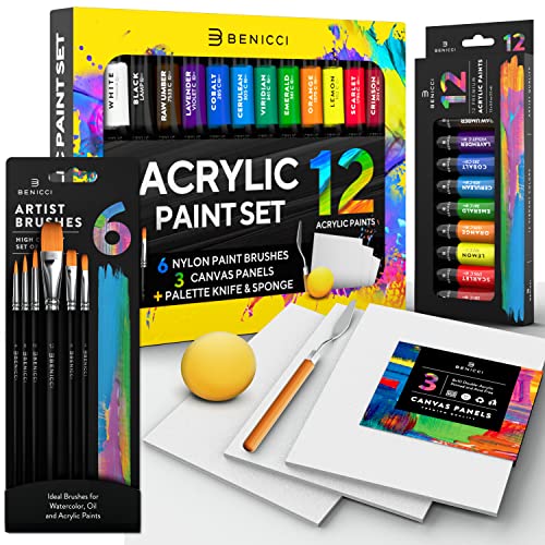 Complete Acrylic Paint Set – 12х Rich Pigment Colors & 6x Art Brushes - Includes 3 Paint Canvases, Palette Knife & Sponge - Perfect for Canvas, Clay, Ceramic - Non-Toxic, Great for Kids & Adults