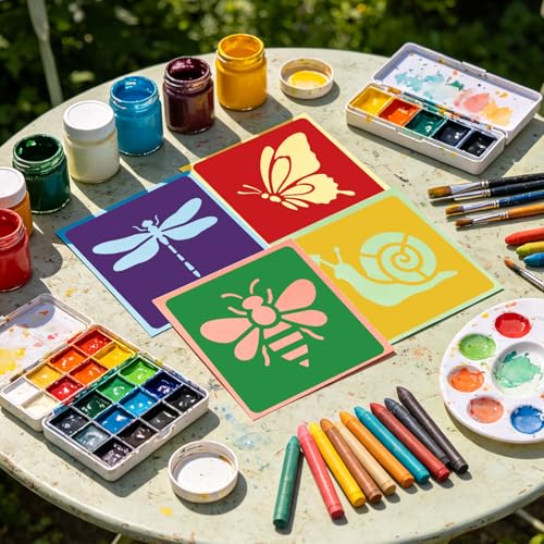 CUTHOLLOW Animals Fruit Plant Stencils, 24PCS 8-Inch Reusable Plastic | 24PCS 8-Inch Animals, Fruit & Plant Shapes, Reusable Washable Plastic, Painting, Crafts, Wall Art & Sidewalk Chalk - style: Garden Animals