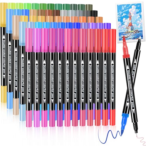 Dual Markers Brush Pens, Art Brush Coloring Markers for Adult Coloring Books, 60 Colors Pens for Teens, Double Tip Colored Pen for Journaling Note taking Planner Lettering Calligraphy Drawing - color: 60 colors