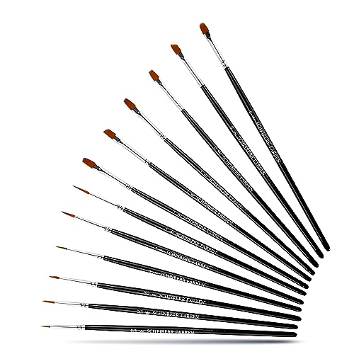 SCHPIRERR FARBEN - 12-Piece Detail Paint Brush Set, Detail Brush Set for Oil Paint, Acrylic & Watercolor, Miniature Paint Brushes, Fine Tip Paint Brush Sizes 0-4, Round, Flat, Angel, & More - size: Detail12