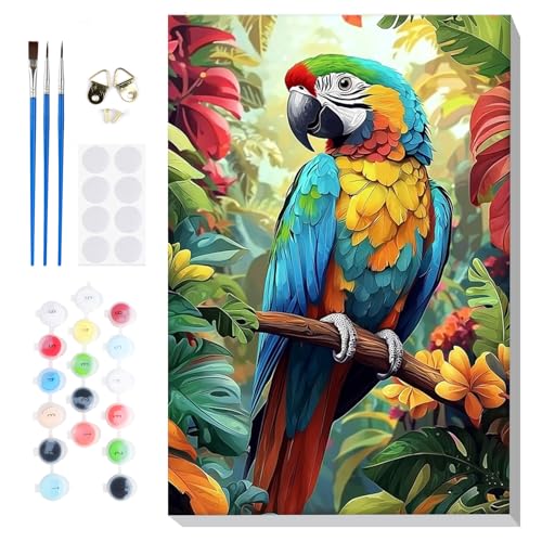 Bowetile Framed Paint by Numbers Parrote for Adults Beginners, Adults' Paint-by-Number Birds Kits, Easy Adult Paint by Number Kits on Canvas, Acrylic Animals Number Painting for Home Decor, 8x12in - color: Parrot