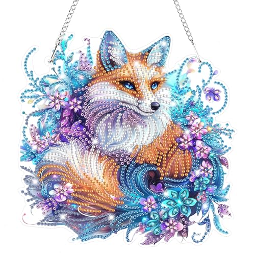 Bowetile Fox Diamond Art Hanging Kits for Adults, 5D Special Shape Diamond Painting Animal Pendant Kits, Gem Art Suncatchers Painting Window Ornament for Home Garden Wall Decor - color: Fox