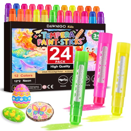 24 Pack Tempera Paint Sticks - 12 Neon Colors Non-Toxic Solid Paint Sticks for Kids, No Mess Quick Drying Washable Toddler Crayons, Works on Paper, Wood, Glass, Ceramic, Canvas - color: Neon 12 colorsX2 sets