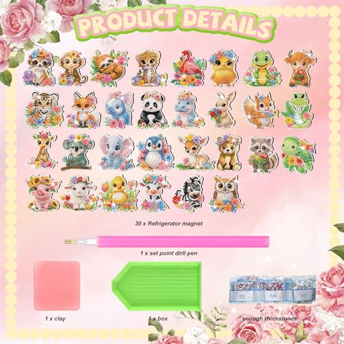 Xuhal 30 Pcs Animal Diamond Painting Magnets Diamond Art Kits for Adults | Flower Animal Refrigerator Magnets, 5D Rhinestone Magnetic Sticker, Small DIY Crafts, Fridge Magnet, Diamond Club Gifts - color: Animal