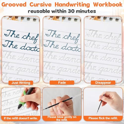 gisgfim Grooved Cursive Handwriting Workbook Magic Reusable Grooved Cursive Handwriting Practice Guided Tracing with Disappearing Ink Pens for Beginners Kids Learning Activities Supplies (Sentence) - style: Sentence