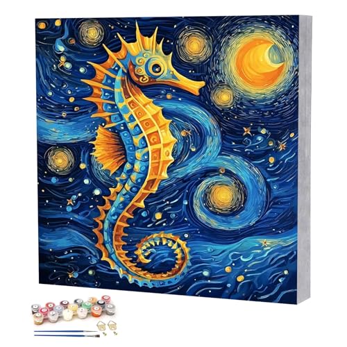 TBAIRO Starry Night Framed Paint by Numbers Kit for Adults Beginner Seahorse DIY Painting Kits for Kids Ages 8-12 Animals Easy Adult Paint by Number Kits on Canvas for Wall Art Decor 8x8 Inch - color: Seahorse