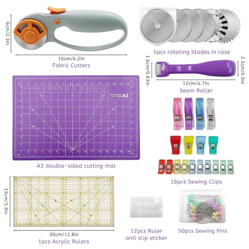 Daily Treasures 45mm Rotary Cutter Set with 5pcs Blades (Straight,Wave,Dot), No Constant Pressing Steel Rotary Fabric Cutter, Sewing Supplies Kit Includes A3 Cutting Mat, Acrylic Ruler, Seam Roller