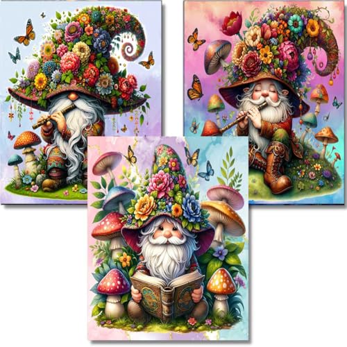 OFRKE Diamond Painting Kits for Adults,3 Pack Flower Dwarf Diamond Art Painting for Beginners, Diamond Round 5D Full Drill Paint with Diamonds Pictures Gem Art Painting Kits DIY Crafts Kits 12x16inch - color: 3pcs-Hat Dwarf