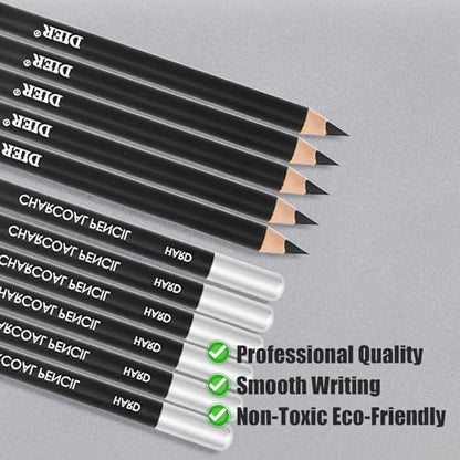 Geyoga 36 Pcs Professional Charcoal Pencils Soft, Medium and Hard for Drawing Charcoal Pencils for Sketching Shading Drawing Blending Portrait(Black, Hard) - style: Hard