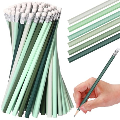TecUnite 60 Pcs HB Pencils #2 Unsharpened Wood Cased Pencils with Eraser Hexagonal Pencil Cute Graphite No 2 Pen for Adults Gifts Exam School Office Sketching Learning(Green Series, White) - color: Green Series, White