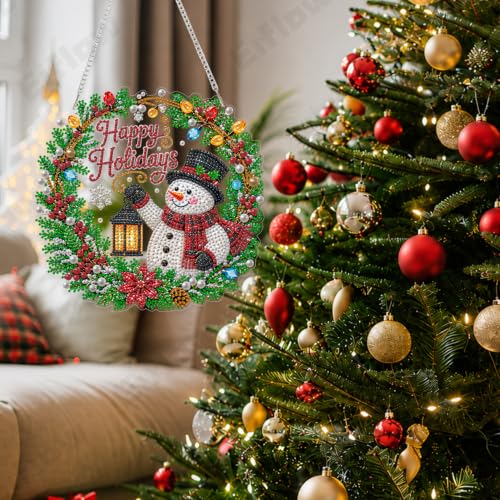 Eiflow Acrylic Diamond Art Pearl Kit for Adults Snowman Wreath, DIY Pearl Diamonds Painting Door Hanger Board Kit Diamond Art Painting Pendant Ornament (Happy Holiday) - color: Wreath