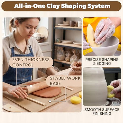 15 Pcs Wooden Pottery Tools Set – Clay Rolling Pin with Thickness Guides, Clay Wedging Board with Handle, Wooden Pottery Rib & Sponges – Ceramic & Polymer Clay Sculpting Kit
