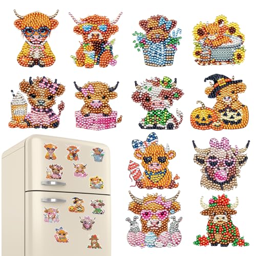 INCOK Highland Cow Diamond Art Magnets Refrigerator - 12 PCS DIY Seasonal Diamond Painting Fridge Magnets Kit Cute Animal Gem Art Crafts Set Halloween Home Decors for Adults Beginners - color: highland cow
