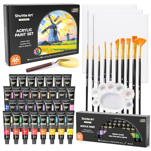 Shuttle Art 46 Pack Acrylic Paint Set, 30 Colors Acrylic Paint with 10 Brushes 3 Canvas 1 Knife Palette Sponge, Complete Painting Set for Kids, Adults, Beginners, Painting Wood, Ceramic - color: 30 Colors, size: 46 Piece Set