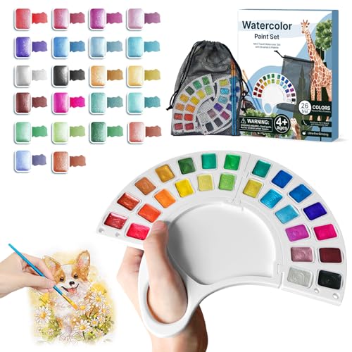 Mini Shimmer Watercolor Paint Set & Watercolor Workbook Bundle, 26 Glitter Metallic Watercolor Paints with Handheld Foldable Palette, 100% Cotton 300gsm Watercolor Paper Pad (4 Pack), 2 Brushes & Stor