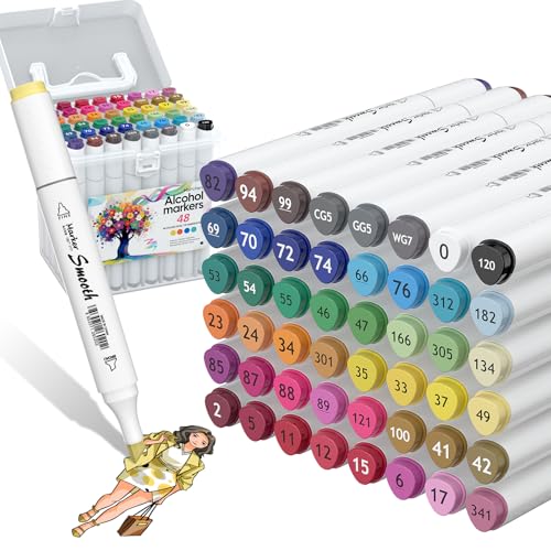 Alcohol Markers, 48 Colors Dual Tip Art Coloring Markers for Adult Coloring Books, Drawing, Sketching, Painting Supplies, Alcohol Based with Carrying Case - color: White, size: 1 Count (Pack of 48)