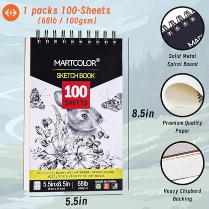 MARTCOLOR Charcoal Drawing Set, 19 Pieces, Black & White Charcoal Pencils and 5.5X8.5” Premium Sketch Book Set, 1 Pack, 100 Sheets(68 lb/100gsm) Sketchbook