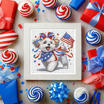 Gemozaic 4th of July Patriotic Dog Diamond Art Kit for Kids 8-12 with Frame, Cute Independence Day Puppy Diamond Art Painting, DIY Animal with American Flag Arts and Crafts Kit, 7 x 7 Inch - color: CC1076