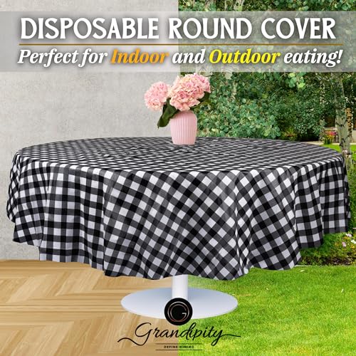 Grandipity Black Gingham Checkered Plastic Table Cloth Disposable (6 Pk) 84in Round Tablecloth Premium Party Table Cloths Disposable - Perfect Table Cloth Round Cover for Any Table Up to 6 Feet - color: Black Gingham, size: 84 inches Round